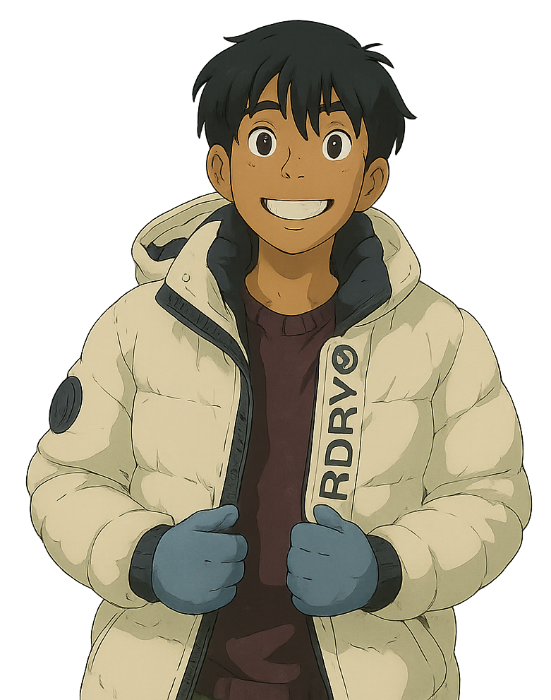 Illustration of Hemang Murugan in a puffer jacket